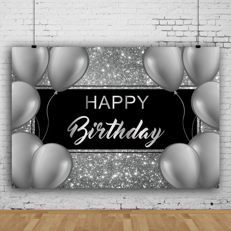 Laeacco Happy Birthday Backdrop 7x5ft Black and Silver Glitter Birthday Backdrops for Men Grey Balloons Birthday Party Decoration Cake Table Banner Supplies Child Kid Baby Woman Birthday Photo Studio - Image 3